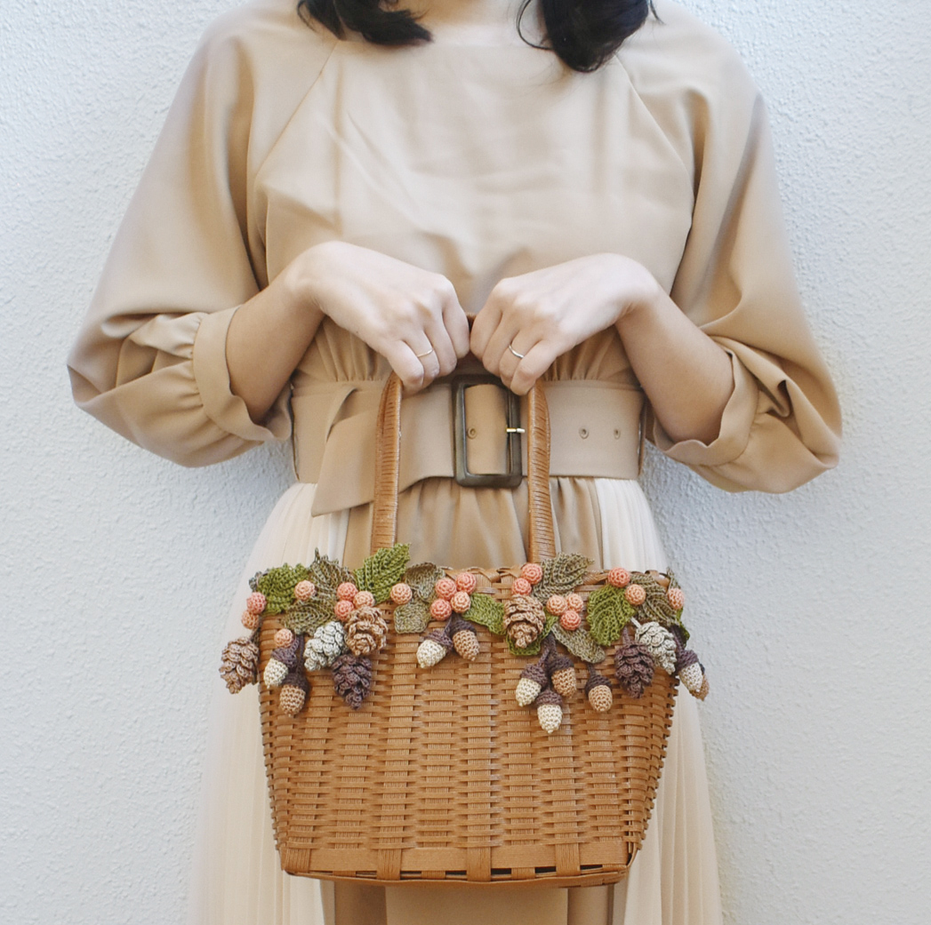 kyonpingu×Kanchan's Craft-47L ハンドメイド どんぐりのカゴバッグ（茶色）大｜アップ